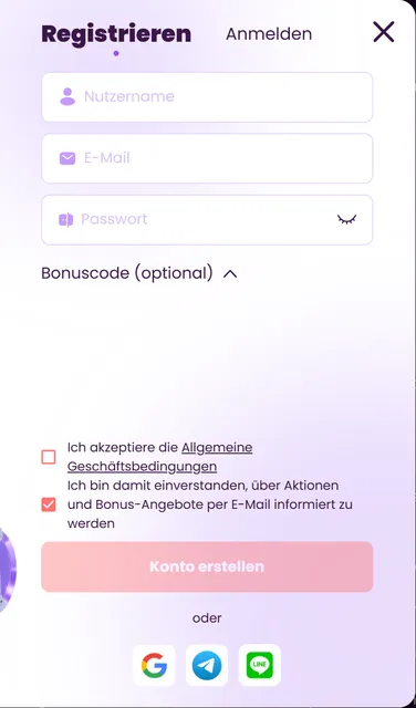 Leere Registrierungsmaske mit E-Mail-Feld und vorausgewählter Werbeeinwilligung.