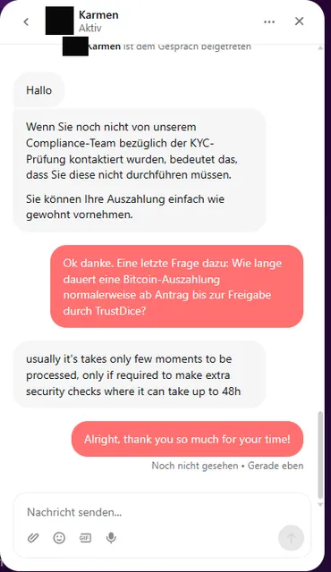 Karmens Chatantworten zu KYC und zur üblichen BTC-Auszahlungsdauer.