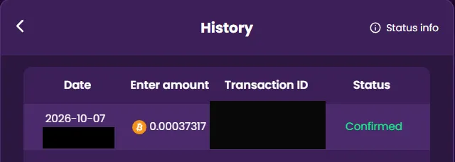 TrustDice-Status Confirmed; Transaktionskennung geschwärzt.