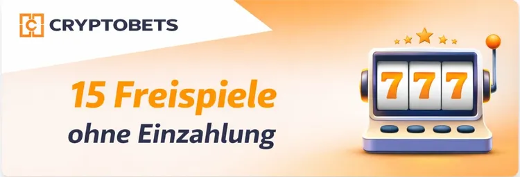 Banner mit Cryptobets-Logo, Text 15 Freispiele ohne Einzahlung“ und Slot-Maschine mit 777