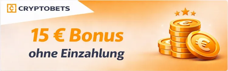 Breiter Banner mit Cryptobets-Logo, Text „15 € Bonus ohne Einzahlung“ und Stapel goldener Münzen auf orangem Verlaufshintergrund