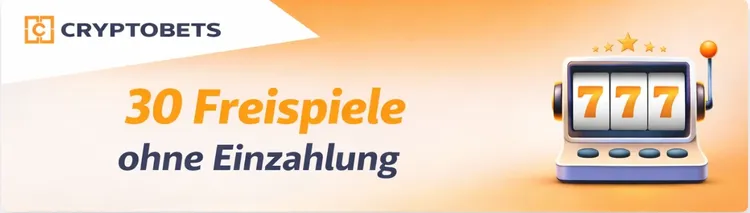 Breiter Banner mit Cryptobets-Logo, Text „30 Freispiele ohne Einzahlung“ und Slot-Maschine mit 777 auf orangem Verlaufshintergrund.