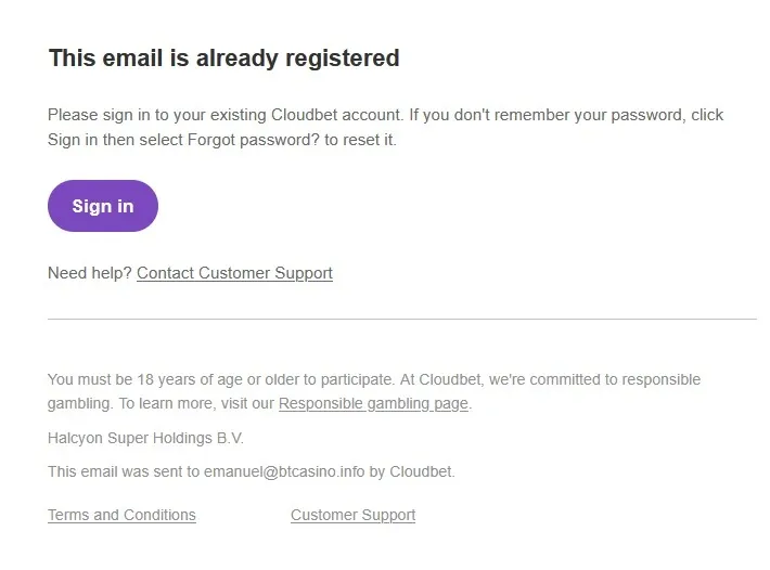 Cloudbet Bestätigungs Mail