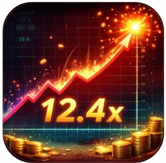 Crash Game Icon - Steigender Multiplikator als rote Kurve mit „12.4x“ und explosivem Crash-Moment auf dunklem, futuristischem Grid-Hintergrund.