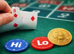 HiLo Casino Spiel mit aufgedeckter Spielkarte, Hi- und Lo-Chips sowie Bitcoin auf grünem Spieltisch.