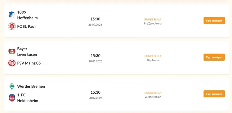 Matchliste der Wett Tipps fürs Wochenende mit Bundesliga-Spielen und Button ‚Tipp anzeigen