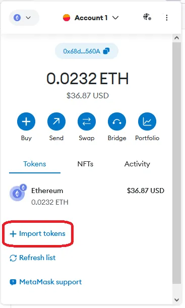 Metamask Import Okens