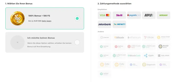 Nur Fiat Zahlungen für Einzahlungsbonus