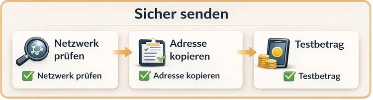 Sicher senden Drei Schritte Netzwerk prüfen Adresse kopieren Testbetrag