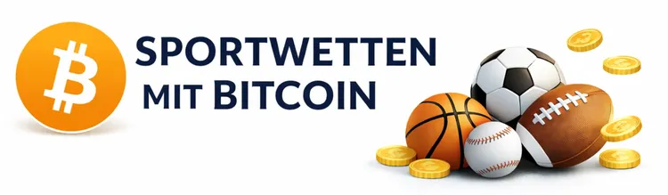 Sportwetten mit Bitcoin – Banner mit BTC Logo, Überschrift und Sportbällen auf weißem Hintergrund