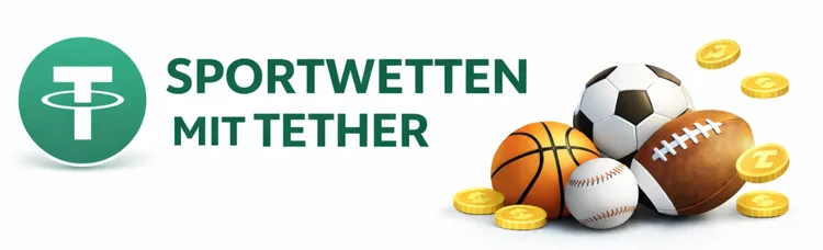 Sportwetten mit Tether-Banner mit Tether-Logo, Überschrift und Sportbällen auf weißem Hintergrund