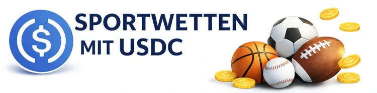 Sportwetten mit USDC – Banner mit USDC-Logo, Überschrift und Sportbällen auf weißem Hintergrund