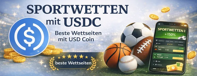 Sportwetten mit USDC – USDC-Logo neben Sportbällen und Wett-App