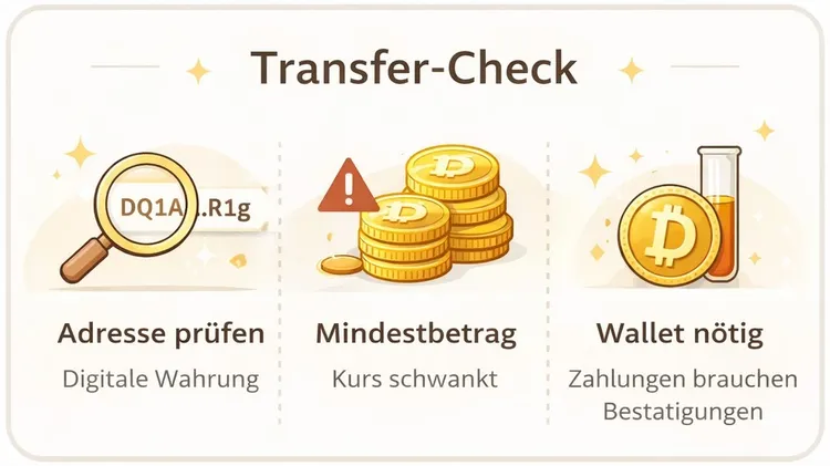 Transfer-Check für Krypto-Zahlungen - Adresse prüfen, Mindestbetrag beachten, Testbetrag senden
