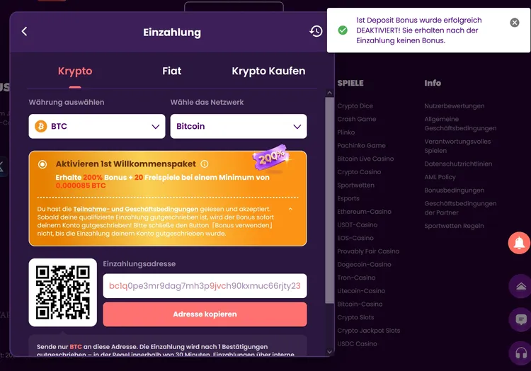 TrustDice Einzahlung