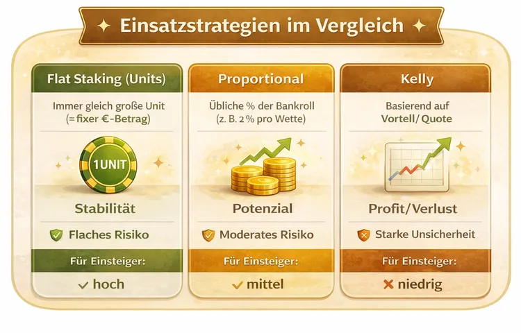 Vergleich der Einsatzstrategien Flat Staking (Units), Proportional Staking und Kelly – mit kurzer Erklärung, Risiko-Einschätzung und Eignung für Einsteiger.
