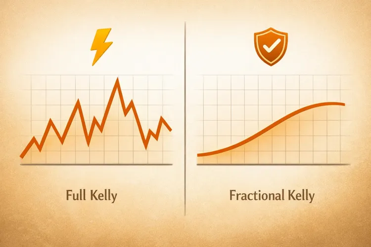 Vergleichsgrafik zu Kelly - Links stark schwankende Kurve mit Blitz-Symbol für Full Kelly, rechts deutlich ruhigere Kurve mit Schild-Symbol für Fractional Kelly.