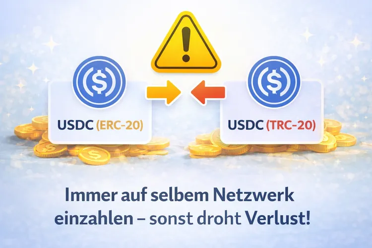 Warnhinweis USDC immer im gleichen Netzwerk senden – sonst kann die Einzahlung verloren gehen