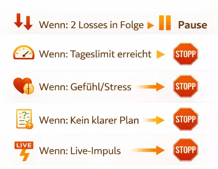 Wenn–dann-Infografik zu Tilt-Regeln klare Auslöser mit Pause- oder Stopp-Aktion sowie Plan-Check als letzter Schritt.