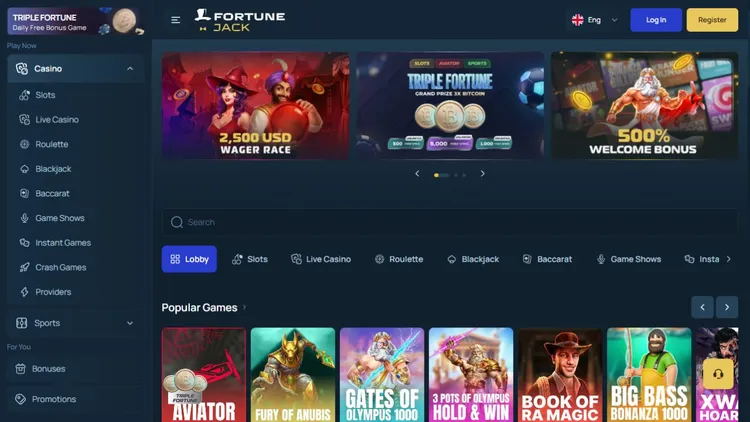 FortuneJack Oberfläche mit Navigation und Spielsuche September 2026