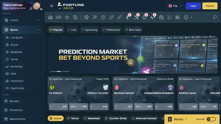 FortuneJack Sportbereich mit Sportarten und Ereignisübersicht