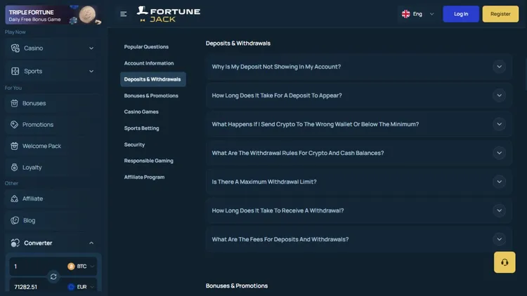 FortuneJack Hilfeübersicht zu Einzahlungen und Auszahlungen