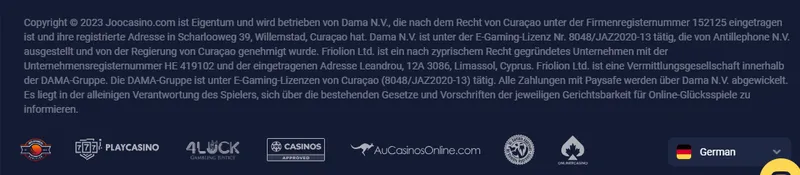 Lizenzangabe im Footer von Joo Casino