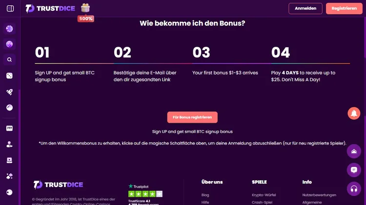 Offizielle TrustDice-Aktion: kleiner BTC-Startbonus, E-Mail-Bestätigung, erster Bonus von 1–3 US-Dollar und Spielen an vier Tagen für bis zu 25 US-Dollar.